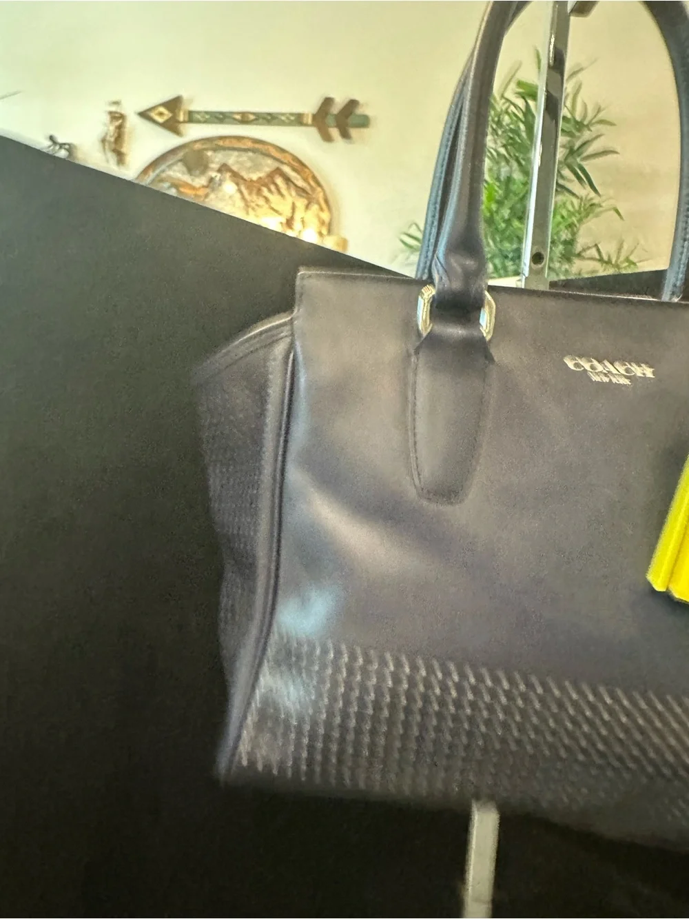 Coach#348 Legacy  Candance Perforated Navy Leather Satchel with Yellow Tassel